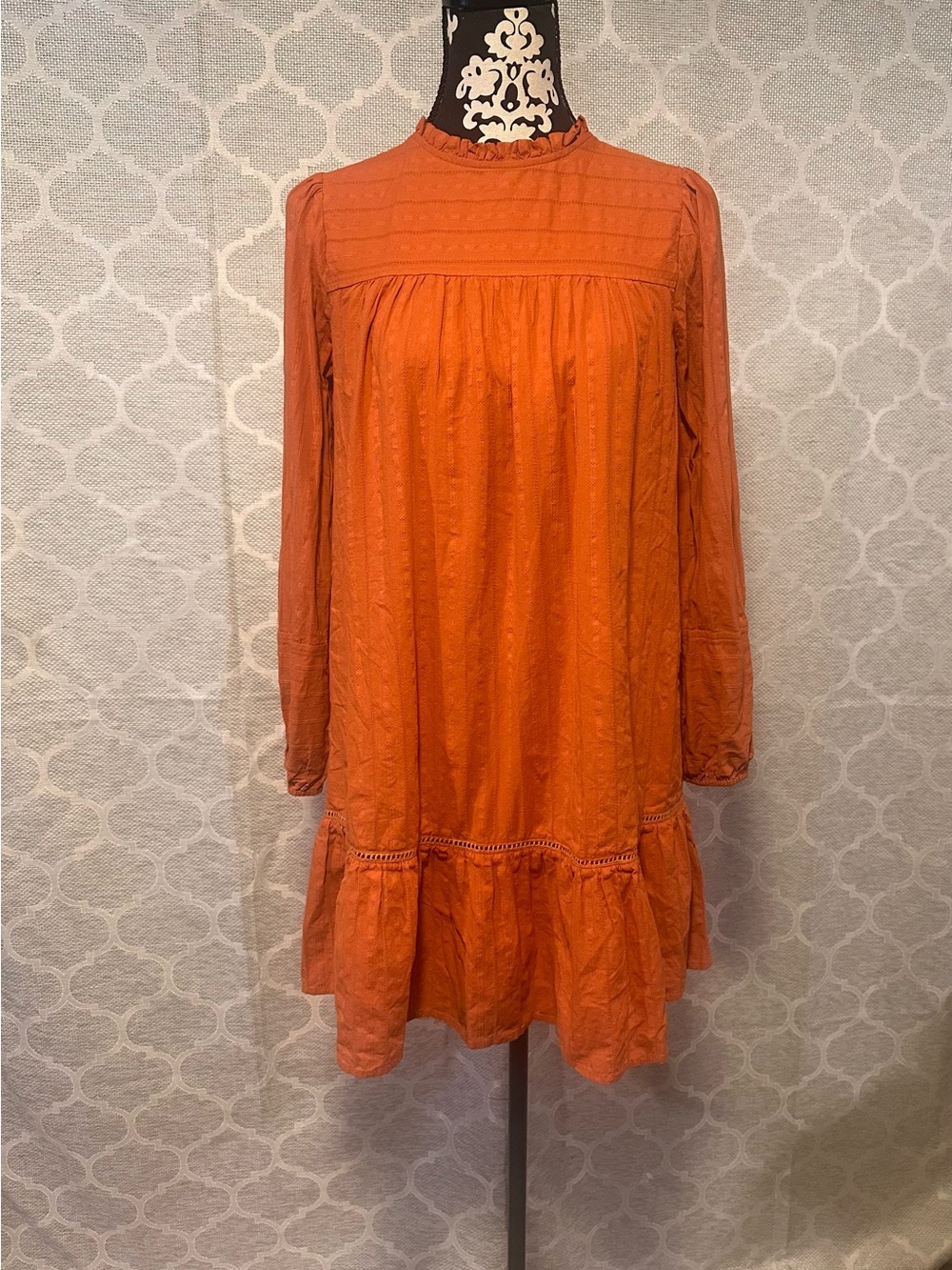 Lost + Wander Ruffle Yoke Long-Sleeve eyelet Mini shift Dress - Orange Sz S